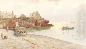 Figures in a harbour in a Cornish fishing village
