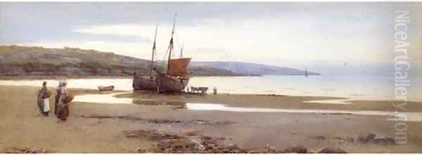 Figures and beached fishing vessels on a beach - view 1