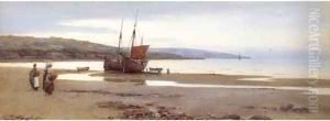 Figures and beached fishing vessels on a beach
