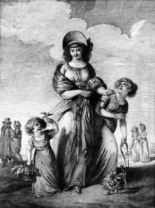 A young lady and two girls walking in a landscape by Pierre-Alexandre Wille