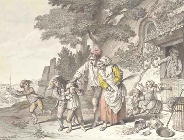 Children being scolded, by a thatched house - view 1