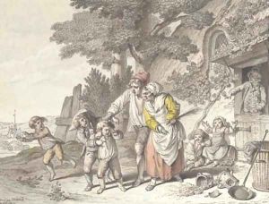 Children being scolded, by a thatched house by Pierre-Alexandre Wille