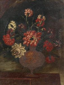 Carnations And Other Flowers In A Bronze Urn On A Table Top by Bartolome Perez