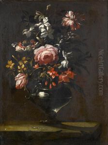 Roses, Carnations, Orange Blossom And Otherflowers In A Glass Vase On A Stone Ledge by Bartolome Perez