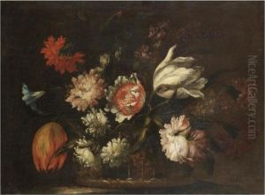 A Still Life With Tulips, Morning Glory And Various Other Flowers In A Basket On A Ledge