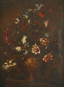 Pareja De Jarrones De Bronce Con Flores