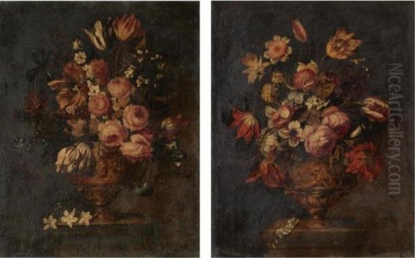 A Pair Of Still Lifes Of Various Flowers In Sculpted Urns, On Stone Plinths - view 1