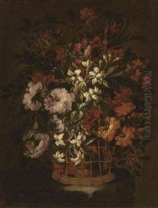 Carnations, Narcissi, Rhododendrons And Other Flowers In A Basket On A Ledge by Bartolome Perez