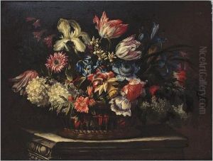 Still Life Of Tulips, Irises And Other Flowers In A Basket On A Stone Ledge