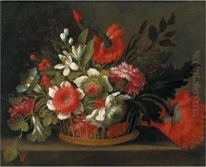 Still Life Of Flowers In A Wicker Basket Upon A Stone Ledge