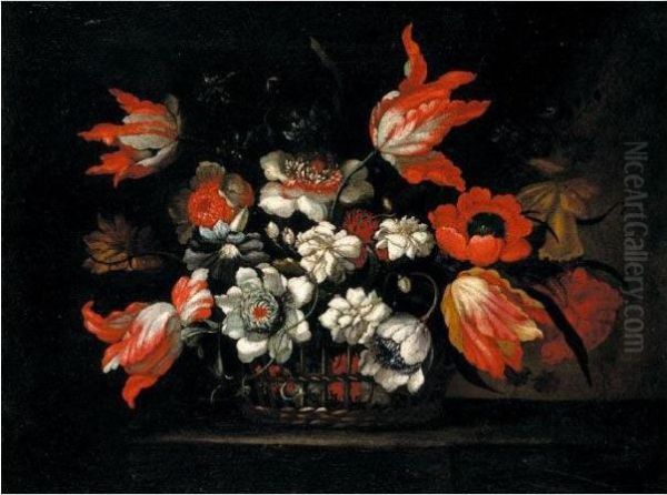 Still Life Of Tulips, 
Chrysanthemums, Poppies And Morning Glory In A Wicker Basket On A Stone 
Ledge - view 1