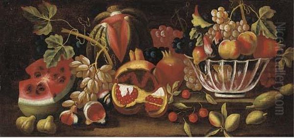 A Watermelon, Grapes, Figs, 
Pomegranate And A Bowl With Grapes,peaches And Pears On A Ledge - view 1