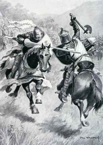 Encounter between Robert Bruce (1274-1329) and Sir Henry de Bohun (1276-1322) illustration from 'British Battles on Land and Sea' edited by Sir Evelyn Wood (1838-1919) first published 1915 by Walton, Ambrose de