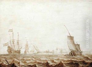 A Wijdschip Lowering Sail in a Choppy Sea, mid-17th century by Heerman Witmont