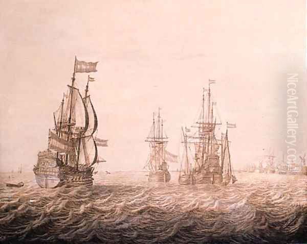 A man-of-war sailing out from a harbour with a fluitschip and a merchantman at anchor nearby in a stiff breeze - a penschilderij - view 1
