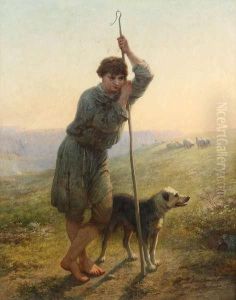 Jonge Herder Met Hond En Schapen Op Engelse Klif Bij Valavond by Alfred Feyen Perrin