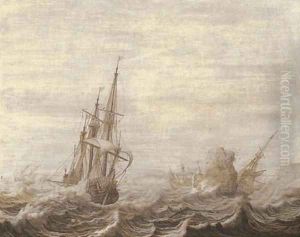 A penschilderij three-masters off a rocky coast in choppy waters by Heerman Witmont