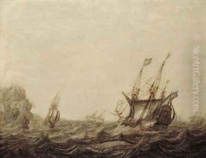 A penschilderij Threemasters off a rocky coast in a stiff breeze by Heerman Witmont