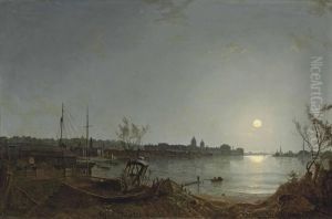 A View Of Greenwich Reach From The Thames By Moonlight by Henry Pether