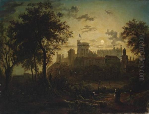 Figures Before Windsor Castle, By Moonlight - view 1