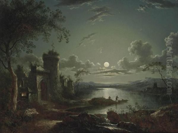 A Moonlit River Landscape With Anglers On The Shore And Mountains Beyond - view 1