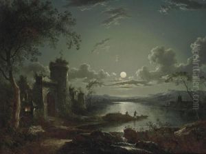 A Moonlit River Landscape With Anglers On The Shore And Mountains Beyond by Sebastian Pether
