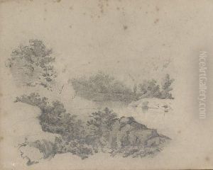 Etude De Paysage, Au Dos Personnages Sur Un Pont De Bateau. by Edmond Marie Petitjean