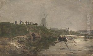 Paysage De Hollande Au Moulin. by Edmond Marie Petitjean