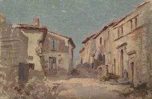 Rue De Village En Lorraine Animee. by Edmond Marie Petitjean