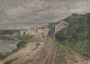 Femme Sur Un Chemin En Bord De Mer Et De Village.