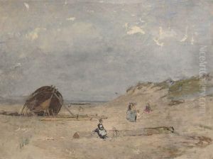 Bateau En Carene, Plage Et Les Dunes. by Edmond Marie Petitjean