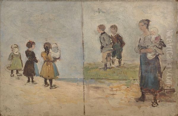 Enfants Au Bord De La Plage, Une Mere Et Son Enfant. - view 1