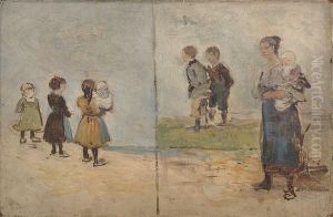Enfants Au Bord De La Plage, Une Mere Et Son Enfant. by Edmond Marie Petitjean
