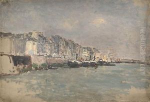 Bateaux A Vapeur Au Port. by Edmond Marie Petitjean