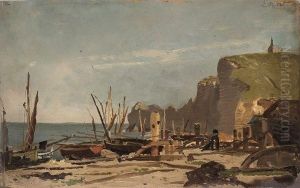 Barques Sur La Plage A Etretat.