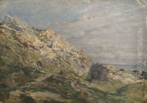 Cabane Sur Les Rochers En Bord De Mer. by Edmond Marie Petitjean