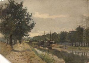 Peniche Sur Le Canal Et Chemin De Halage. by Edmond Marie Petitjean