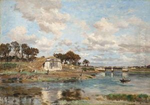 Bord De Riviere Avec Ruines De Fortifications Pres D'un Village