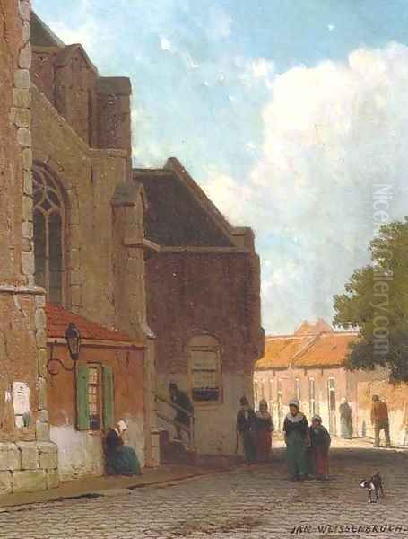 Villagers on a street by a church - view 1