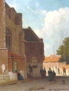 Villagers on a street by a church by Jan Weissenbruch