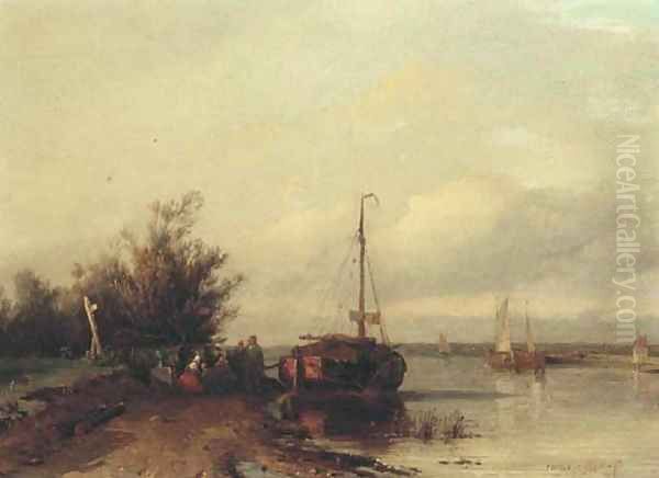 Figures resting on a riverbank by a moored sailing vessel - view 1
