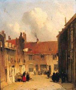 Villagers in a sunlit street by Jan Weissenbruch
