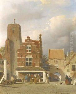 De markt te Woudrichem met de Hoftoren figures on a market square by Jan Weissenbruch