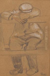 Homme Endormi Assis Sur Une Barriere by Fernand Piet