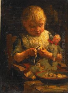 Child With Doll Peeling Potatoes by Evert Pieters
