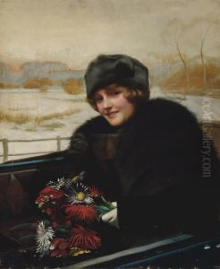 Portrait Of A Lady, Half-length, In An Open Topped Car, A Bunch Of Flowers In Her Hand