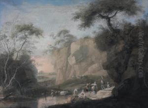 A Rocky Wooded Landscape With
Figures Dancing And Resting By A Pool And Herdsmen Driving Cattle by Jean-Baptiste Pillement