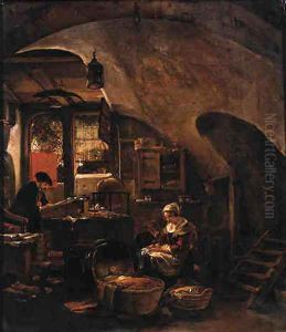 An alchemist at work in a vaulted room, with a woman seated by a cradle