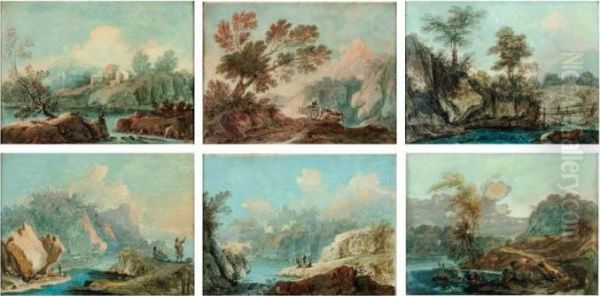 Six Scenes De Personnages Et Attelages Dans Des Paysages De Montagne - view 1