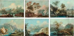 Six Scenes De Personnages Et Attelages Dans Des Paysages De Montagne by Jean-Baptiste Pillement